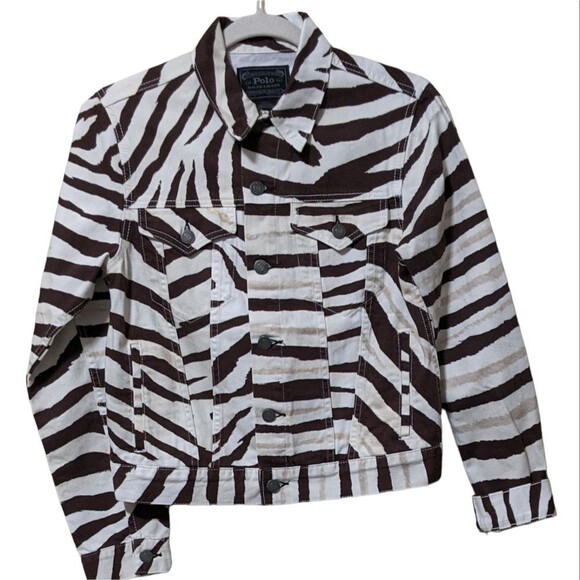 Polo Ralph Lauren zebra print denim trucker jacket brown & cream women's Small - Picture 1 of 10